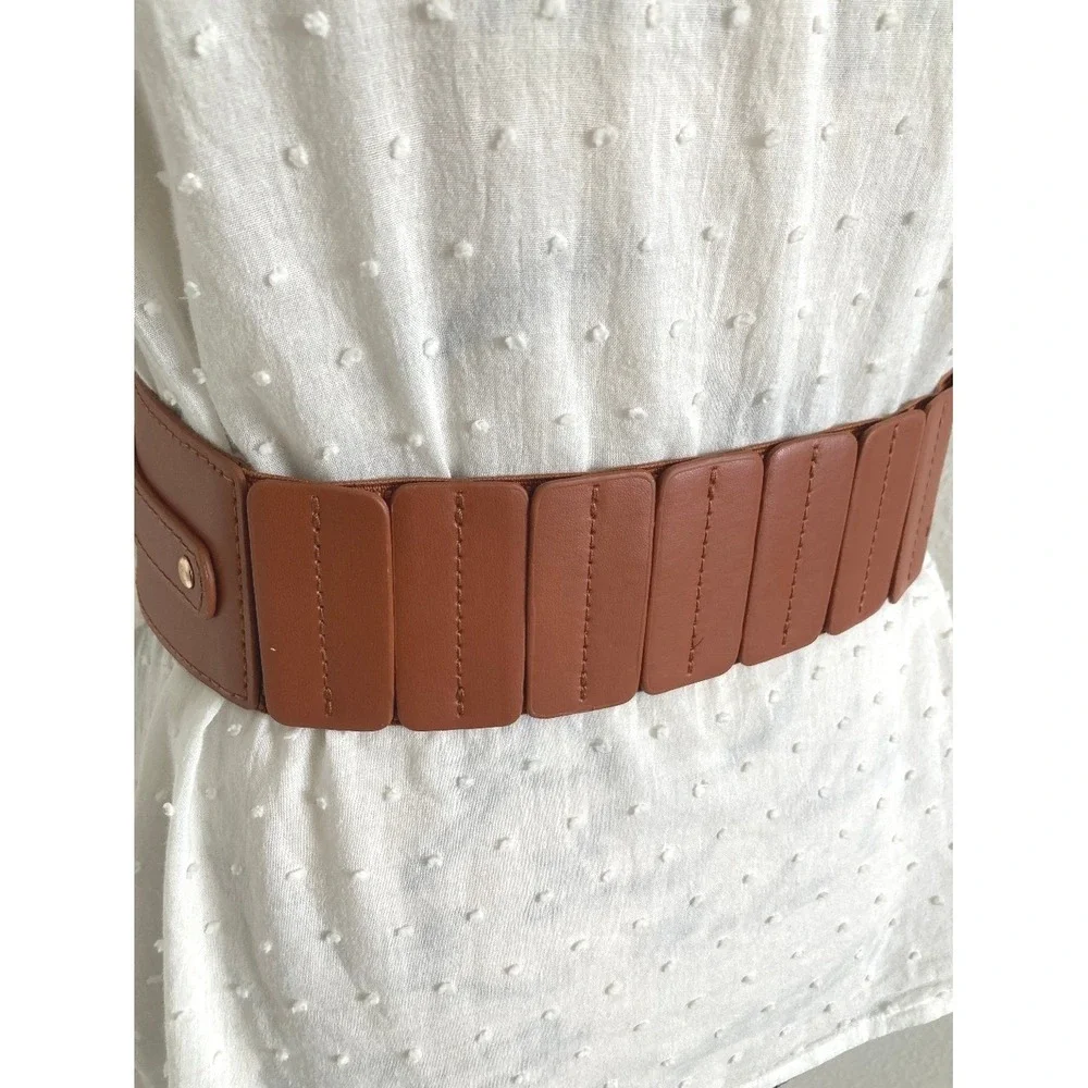 Corset Faux Leather Brown Wide Waist Belt Western Thick Stretch Gold Buckle